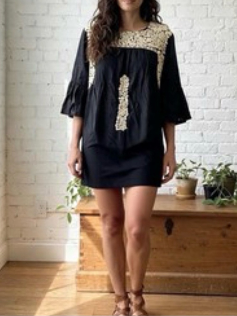 Black Mini Dress with Cream Embroidered Yoke - Women's